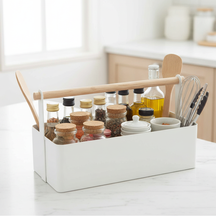 praktisk hvit boks med håndtak til oppbevaring