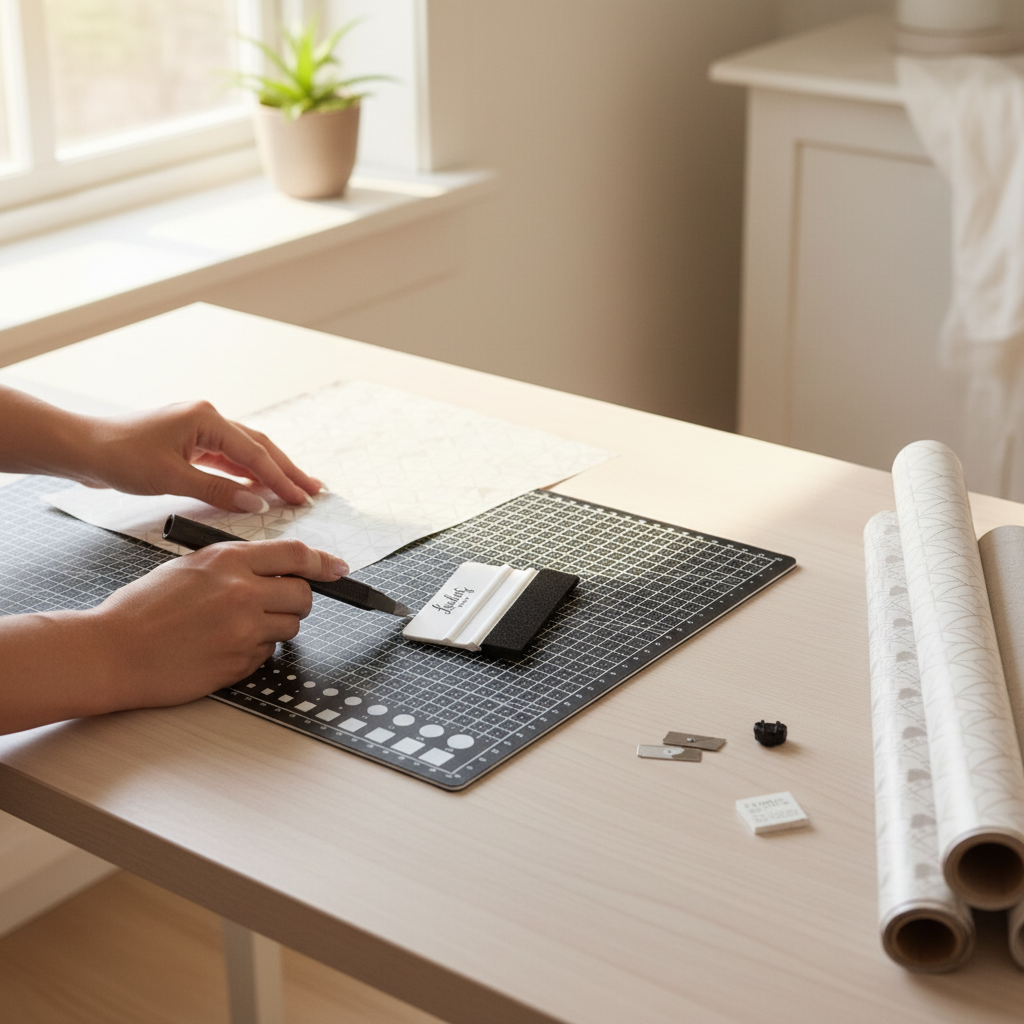 Komplett verktøypakke med skjærematte A3 foliesletter og tapetkniv i bruk til kontaktplast på arbeidsbord.