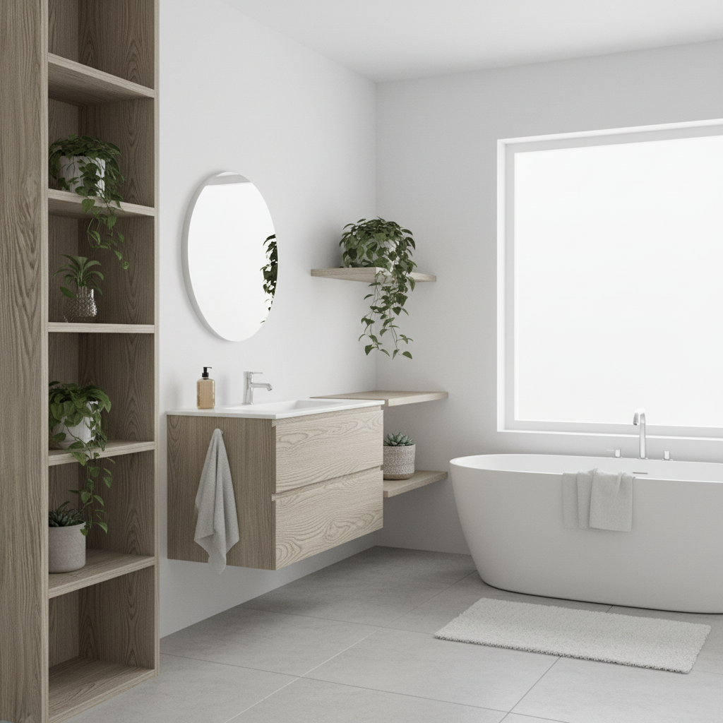 Treimitert kontaktplast til baderomsinnredning og hyller