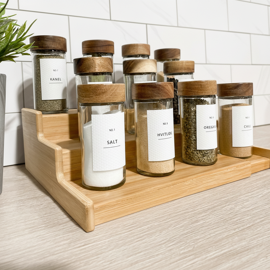 Kompakt krydderstativ bambus – organiser krydderglass enkelt