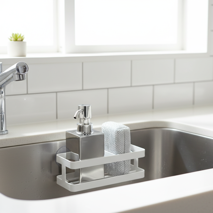 Praktisk vask organizer i hvitt til oppvaskmiddel og rengjøringsutstyr