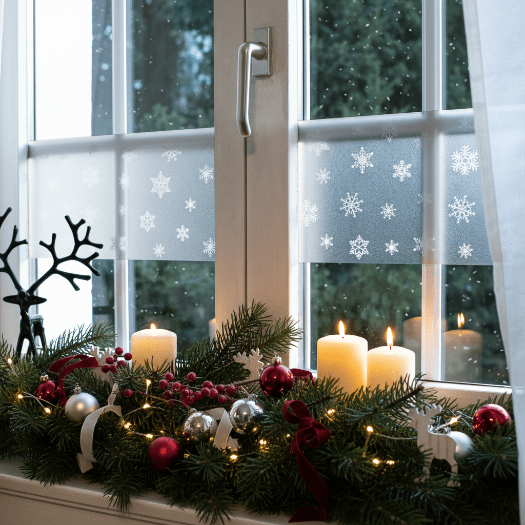 Fönsterfolie med snöfnuggmönster på ett fönster med julpyntad fönsterkarm med granar, stearinlys, julekuler och lysdekorasjoner i varm julekos