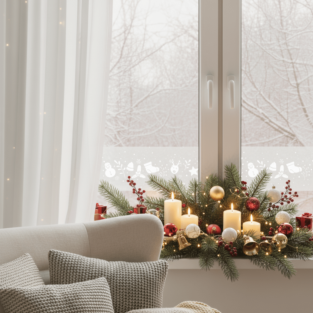 Vinterglädje fönsterfolie med vintermönster på fönster med julpyntat fönsterkarm med grankvistar, stearinljus, julkulor och ljusdekorationer i varm julekos