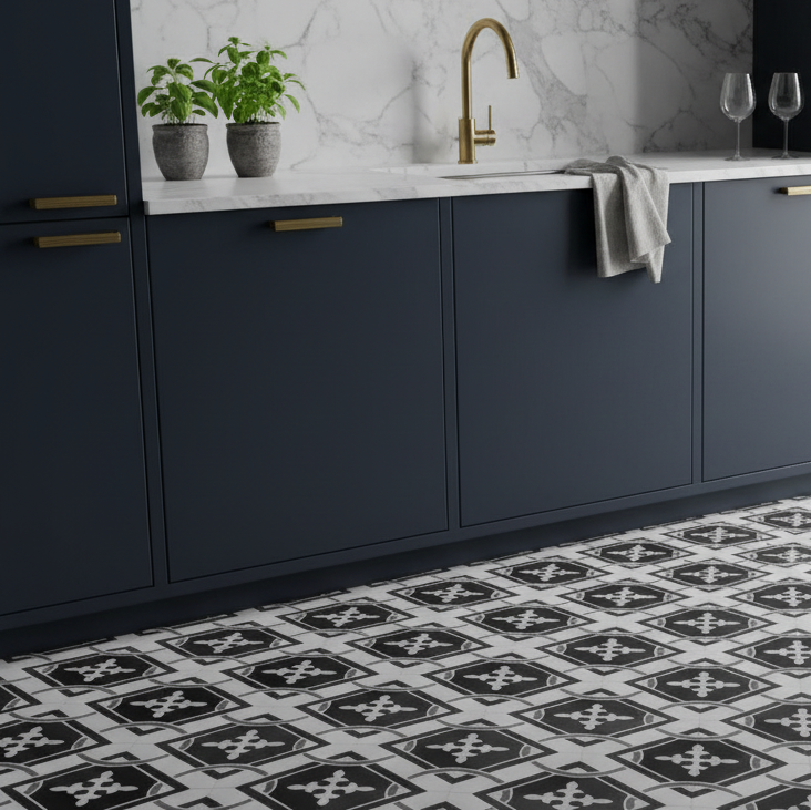 Selvklebende fliser Isadora sort hvit mønster lagt på kjøkken