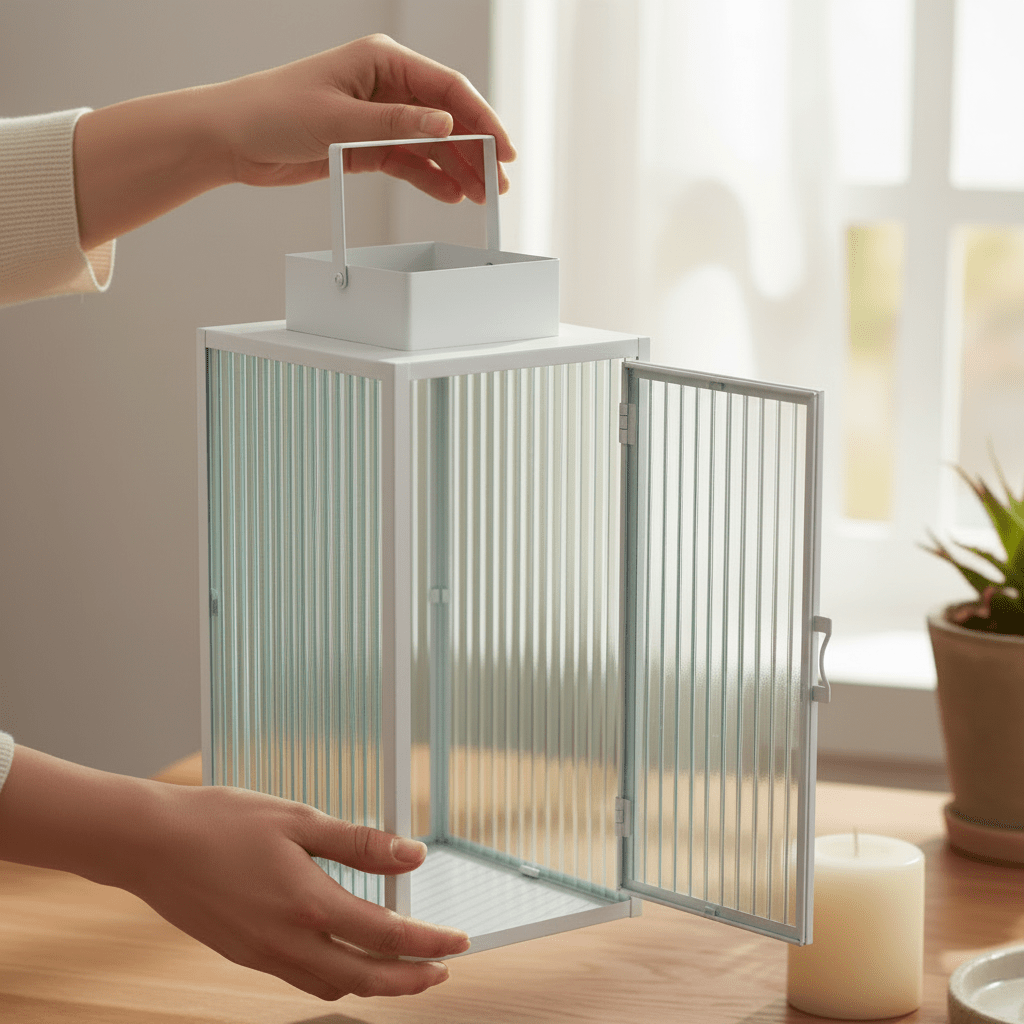 2 - pk Lykt hvit metall stripet glass - Lindas Dekor