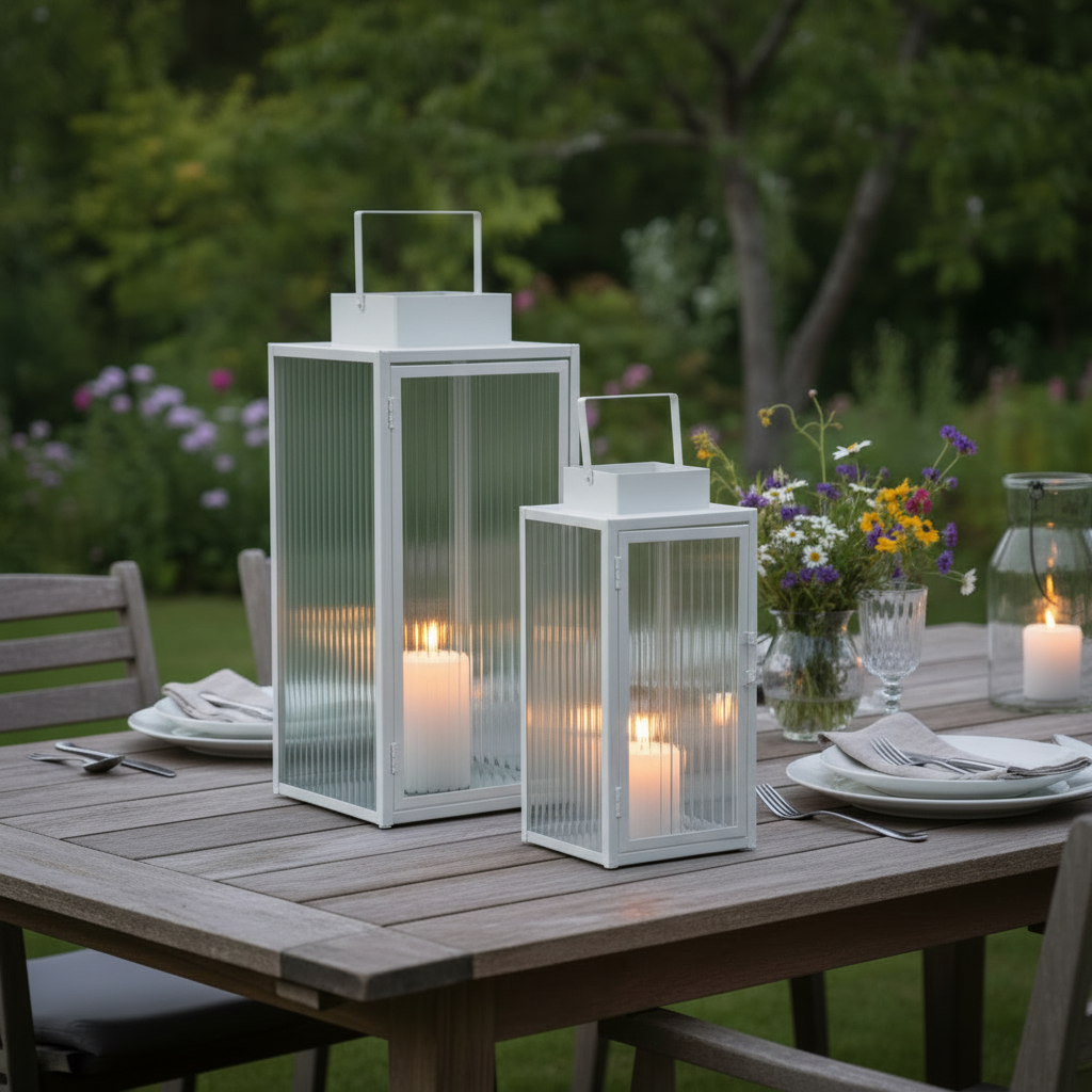 2-pk Lykt hvit metall stripet glass