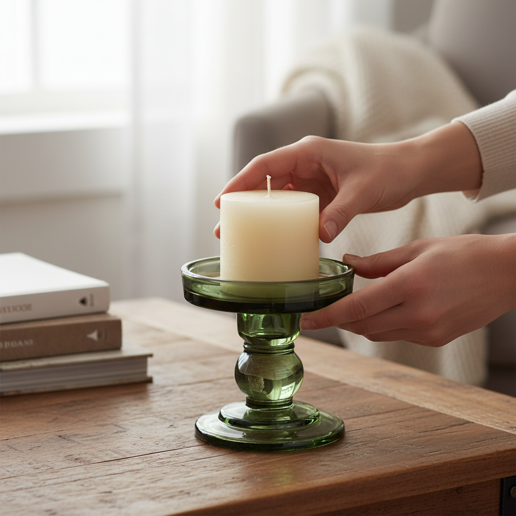 Lysestake grønn lav kubbelys 8,5x8,8 cm produktbilde