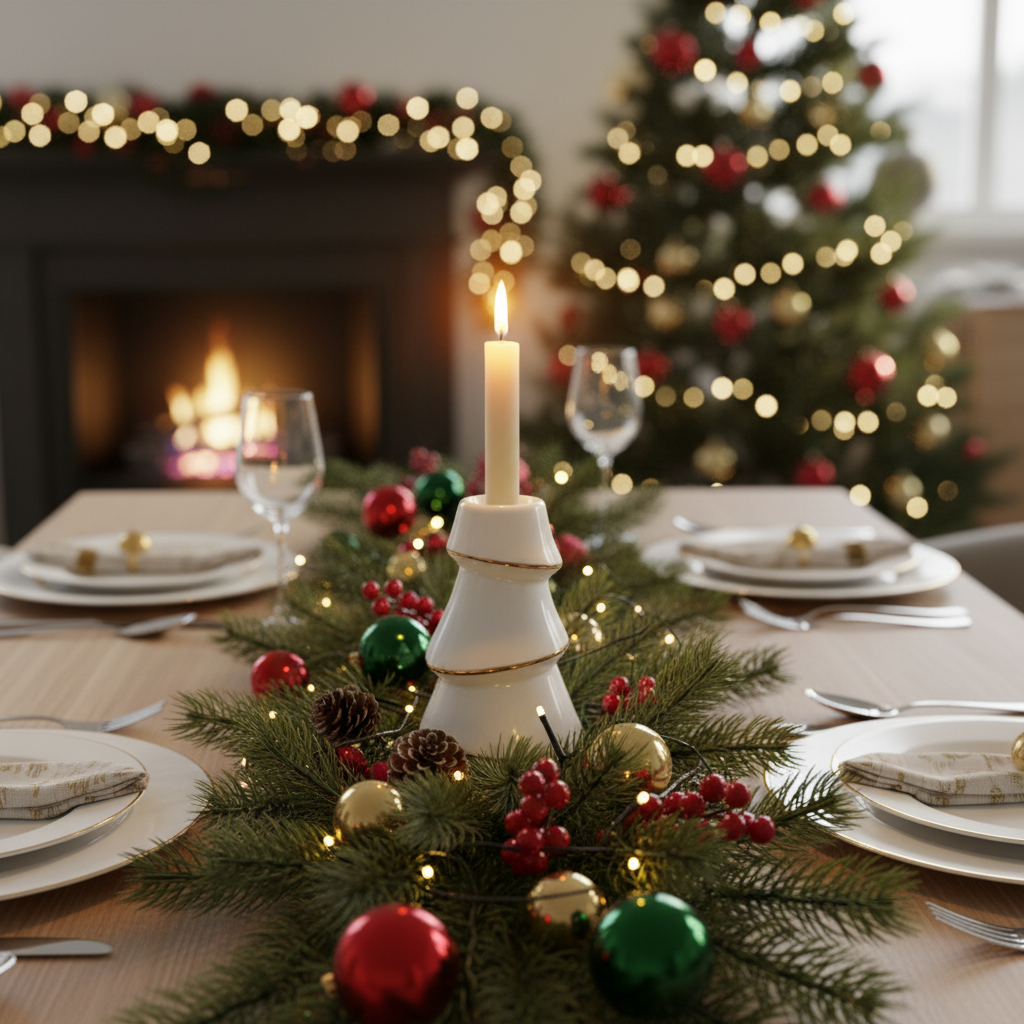 Liten hvit lysestake i juletreutforming med gulldetaljer og tent stearinlys på julepyntet bord med granbar og julekuler i varm julekos