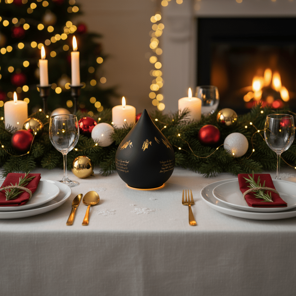 Sort dråbeformet LED-lyslygte 16 cm med nordisk design på et julepyntet bord med granegrene, julekugler og stearinlys i en varm julekos