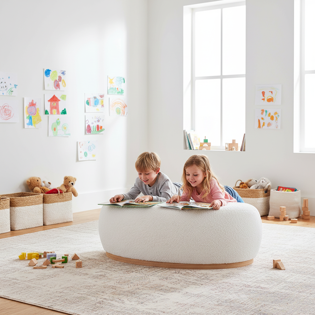 Dekorativ hvit puff som myker opp interiøret i stuen