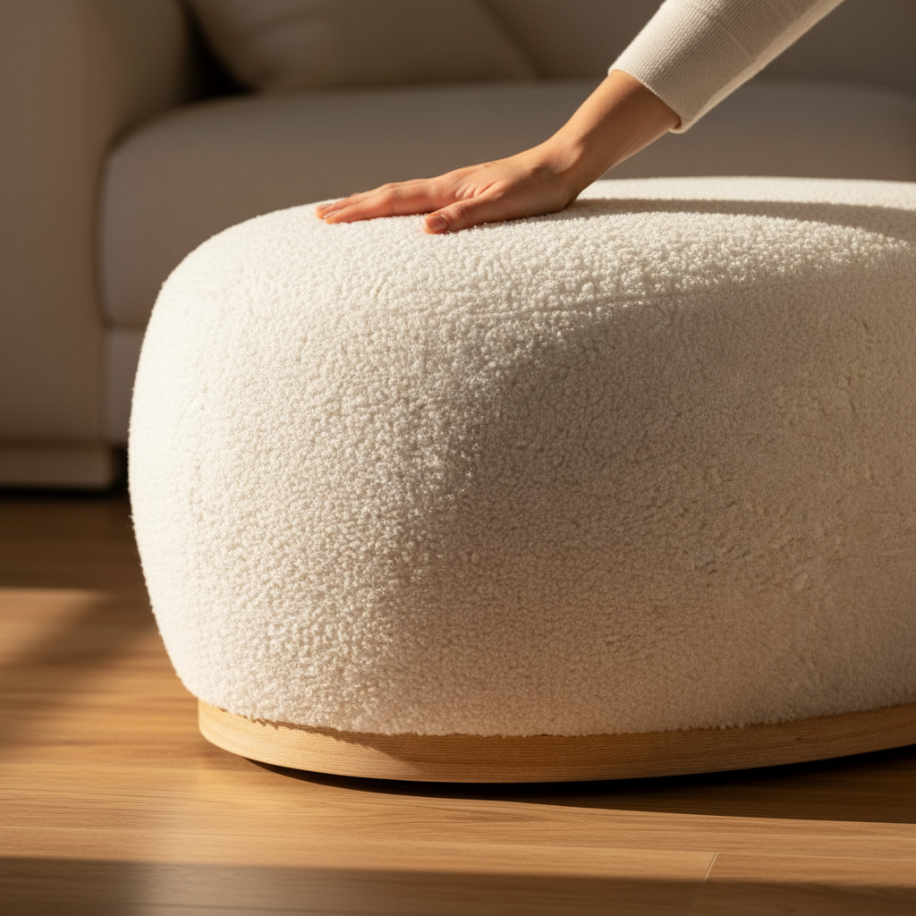 Detaljbilde av myk teddytekstur på Manhattan puff