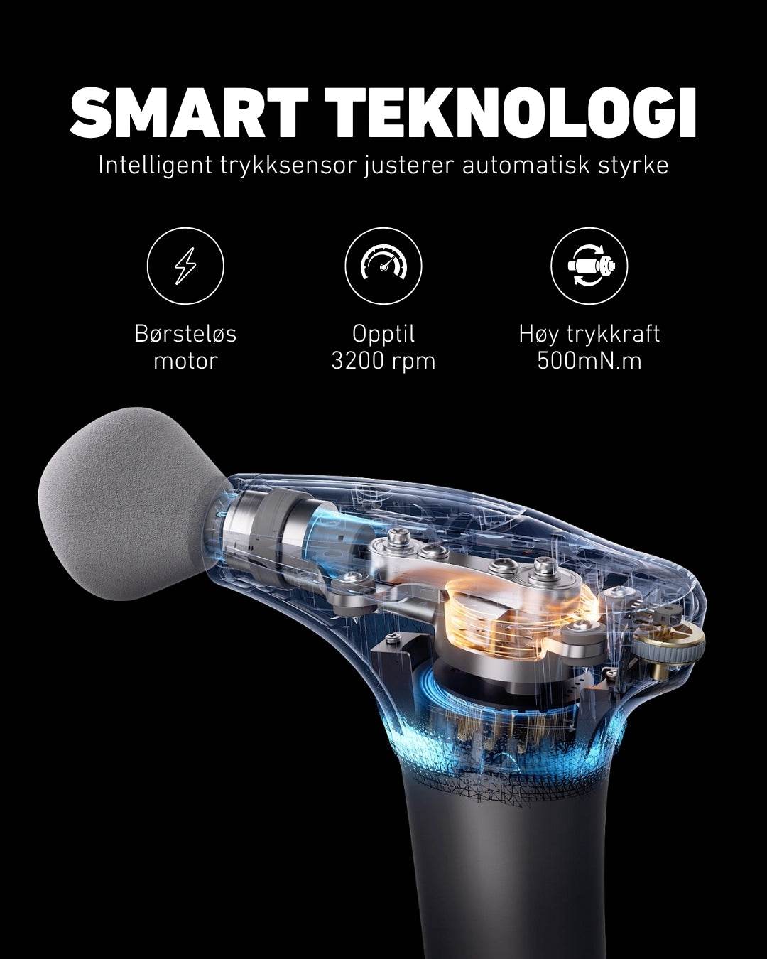 Massasjepistol med børsteløs motor og intelligent trykksensor som automatisk justerer styrken.