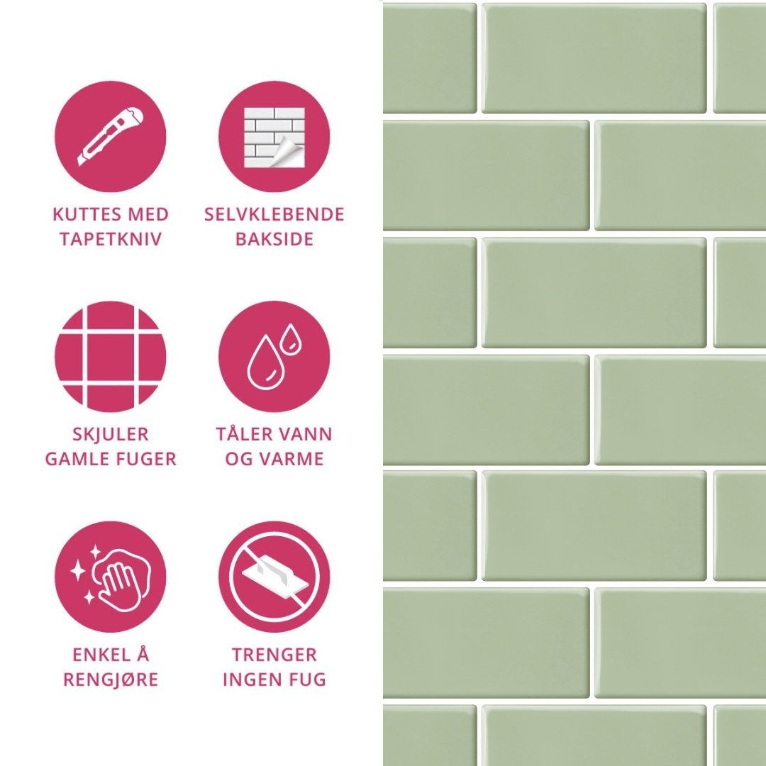 Moderne selvklebende fliser i grønntone, perfekt som backsplash på kjøkken.
