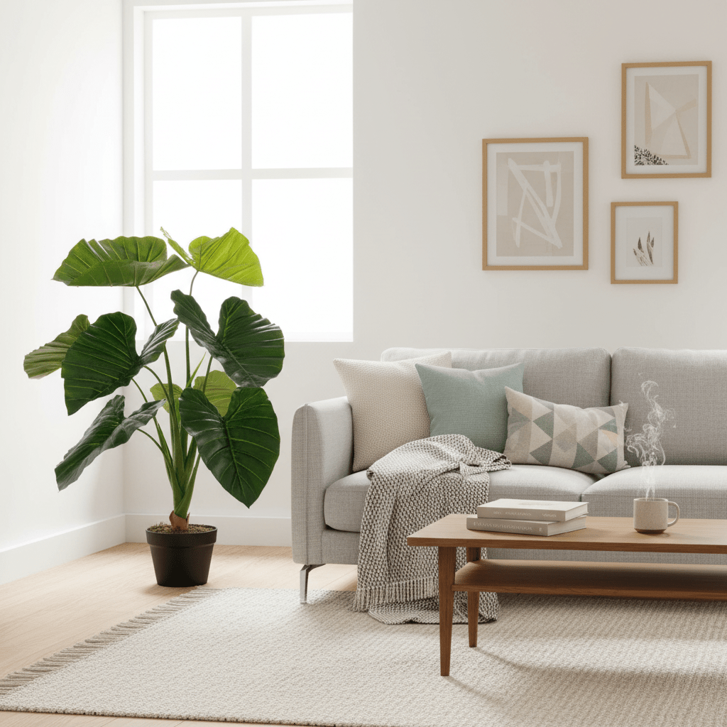 Taro kunstig plante grønn med store blader og potte 90 cm - Lindas Dekor Kunstige planter
