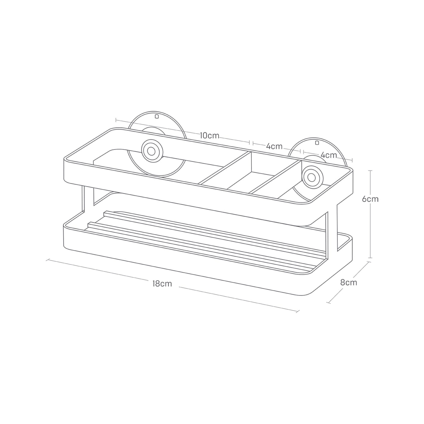 Svart holder med tre rom for svamp, børste og oppvasksåpe