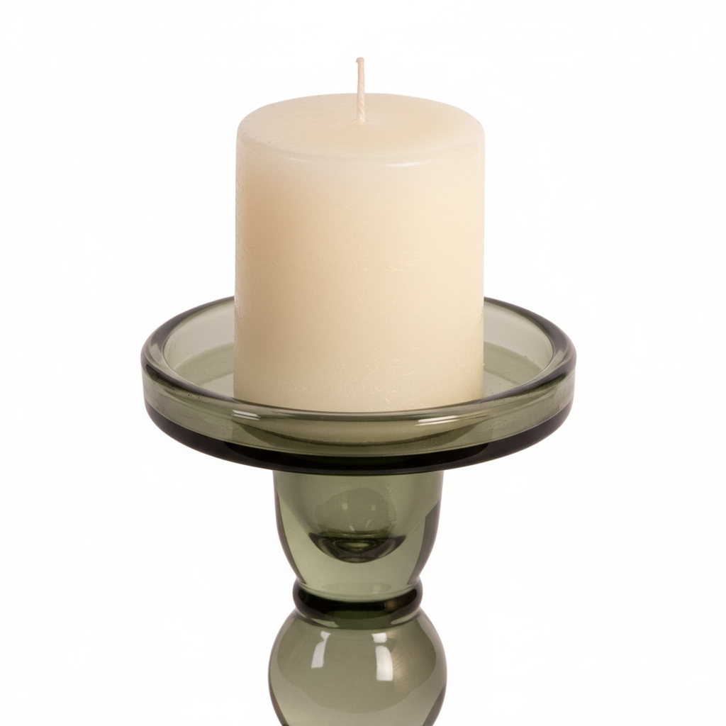 Lysestake grønn kubbelys på bord med tent lys nordisk interiør