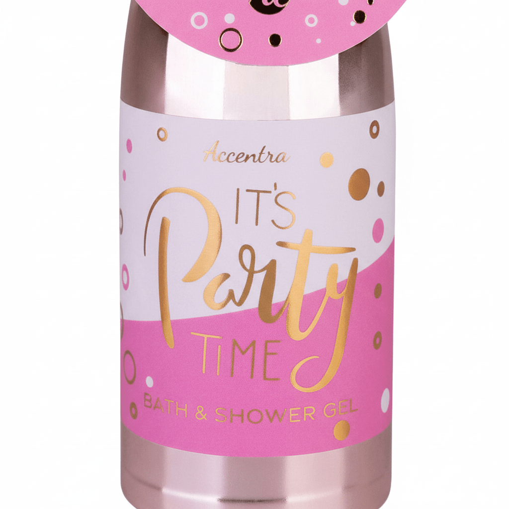 Närbild av rosa bad- och duschsåpe i champagneflaska med dekorativ Party Time-etikett.