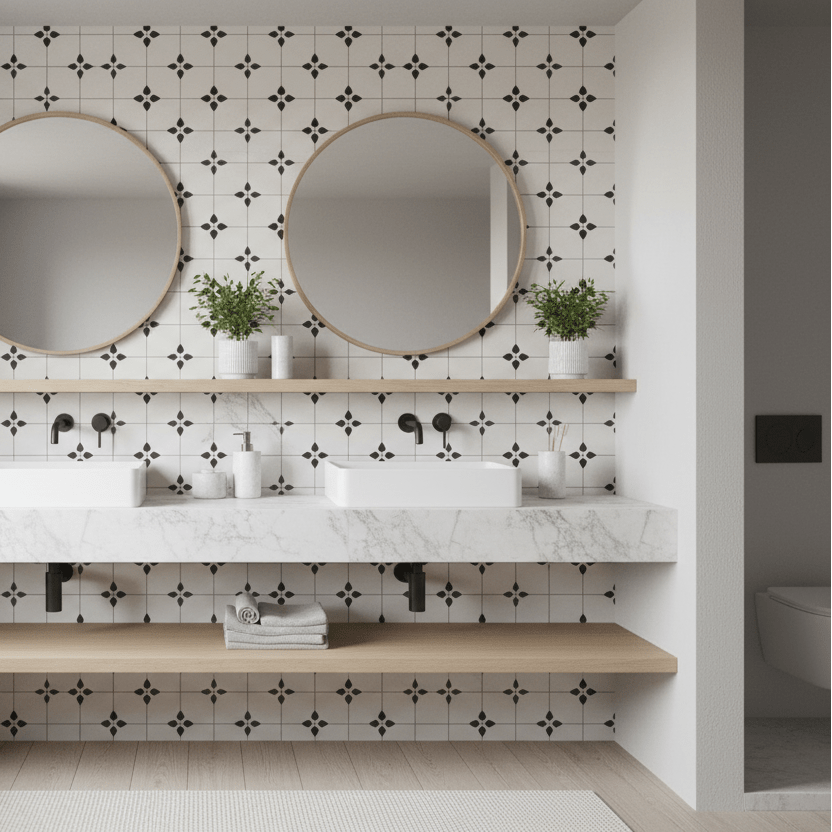 Nærbilde av Natalie selvklebende flis med sort ornament på beige bakgrunn