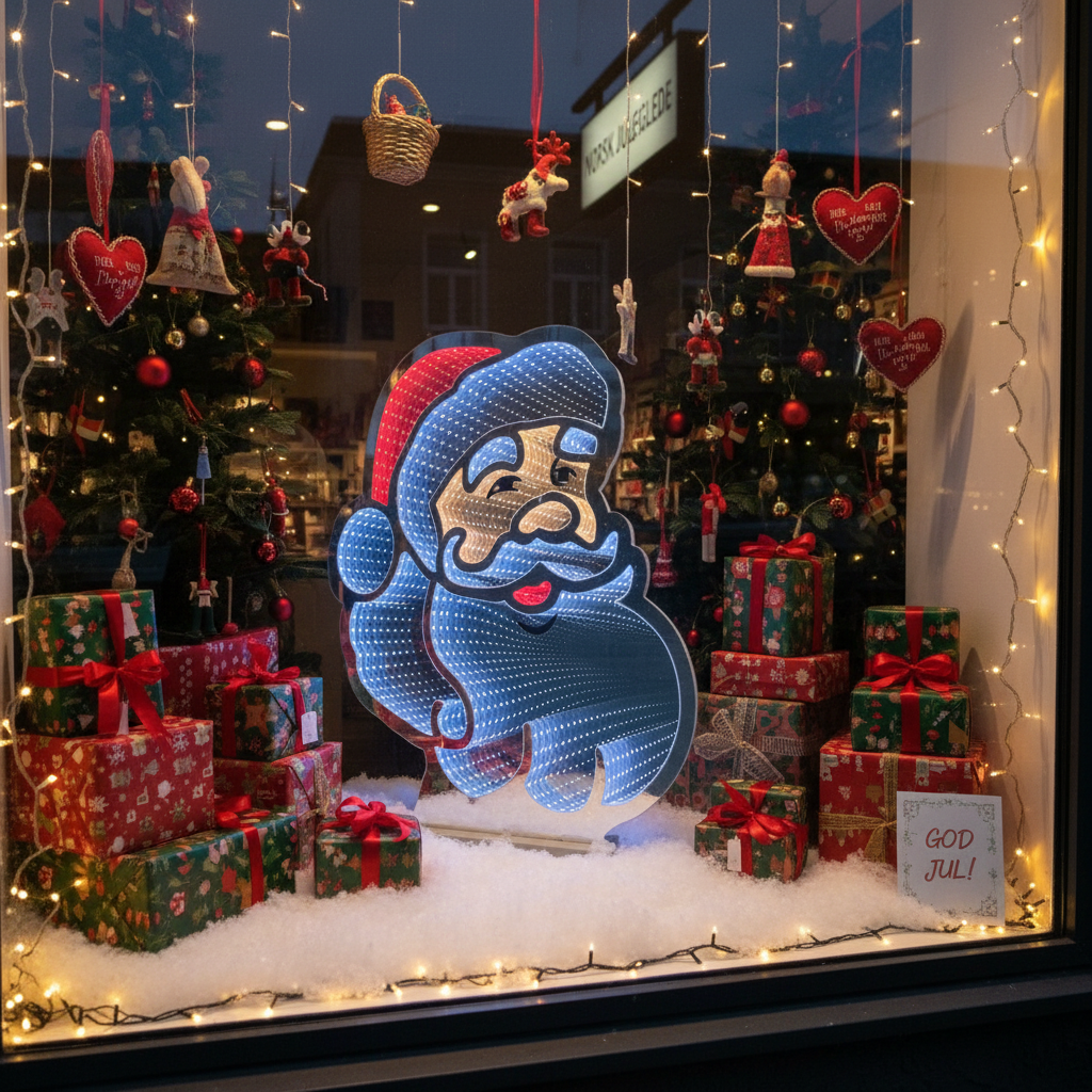 Infinity speil nisse lysskilt 69 cm i butikkvindu omgitt av julegaver, juletre og lysslynger. Den tosidige LED-dekorasjonen skaper magisk 3D-effekt med blå og røde lys.