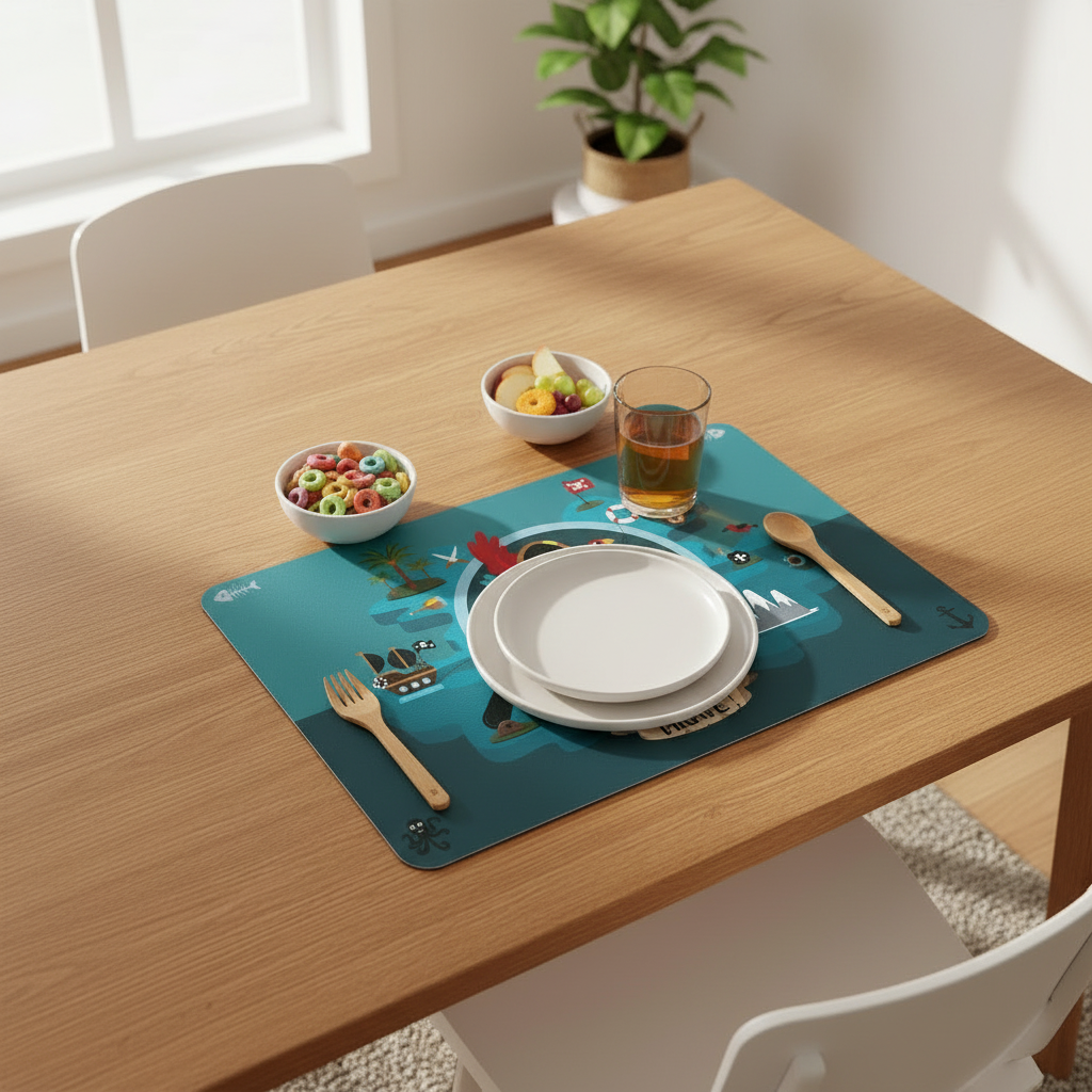 Nordisk spisescene med piratbordbrikke