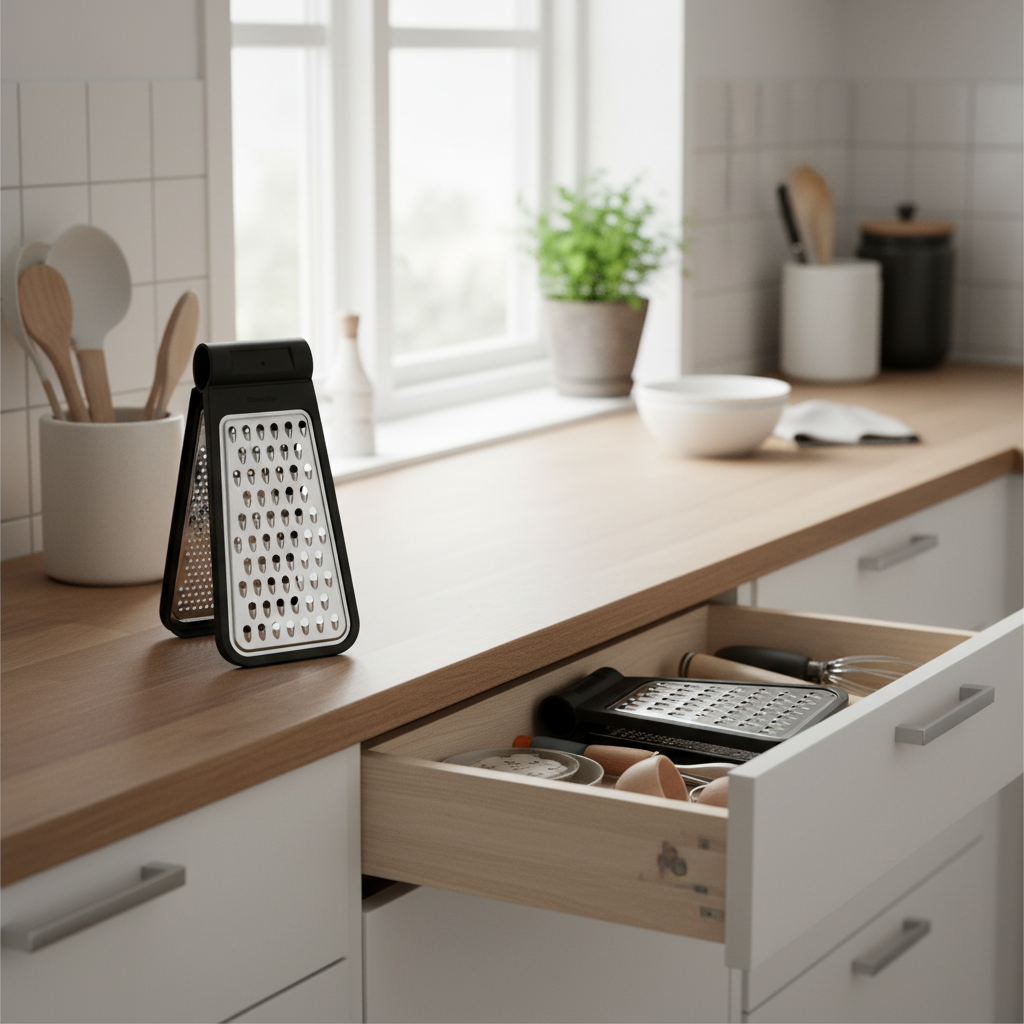 Kompakt rivjern med beholder for ryddigere matlaging