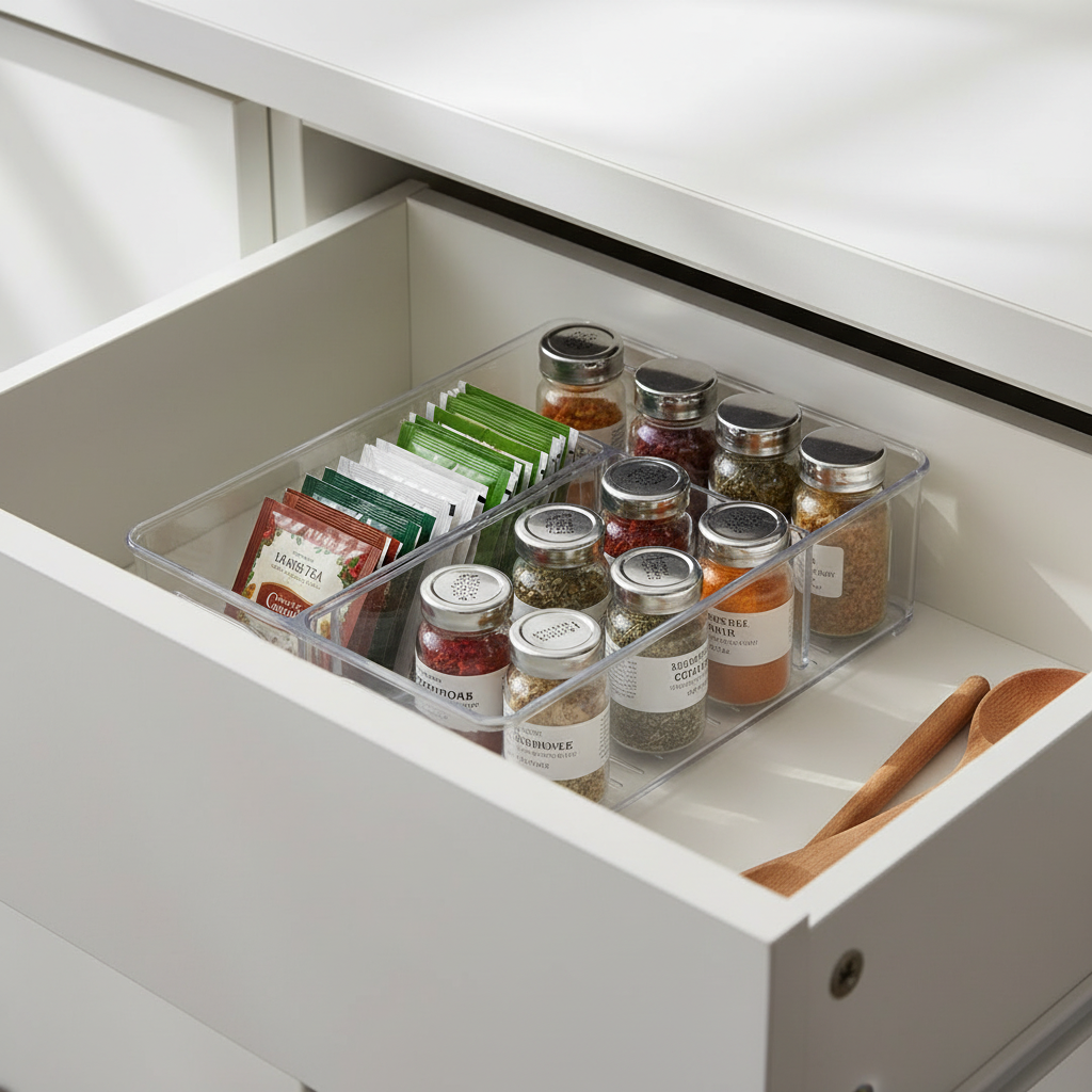 Transparent oppbevaringsboks i plast til krydder og småvarer – skuffeorganisering kjøkken
