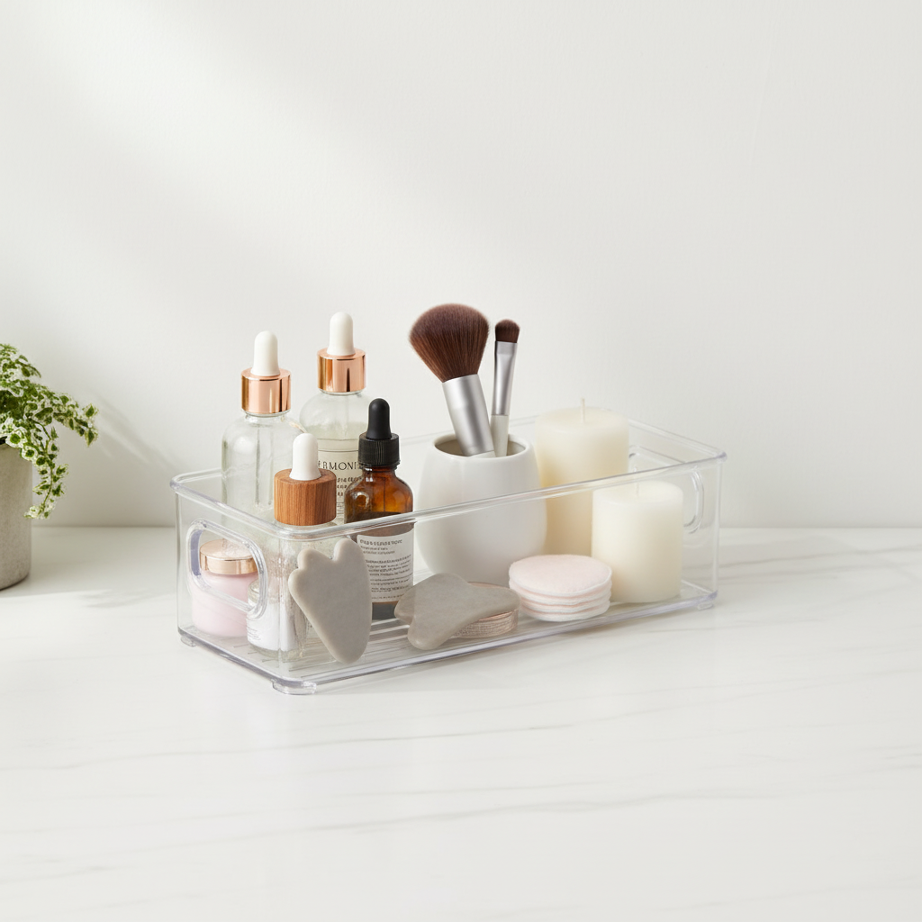 Transparent oppbevaringsboks med håndtak – organizer til kosmetikk og småting