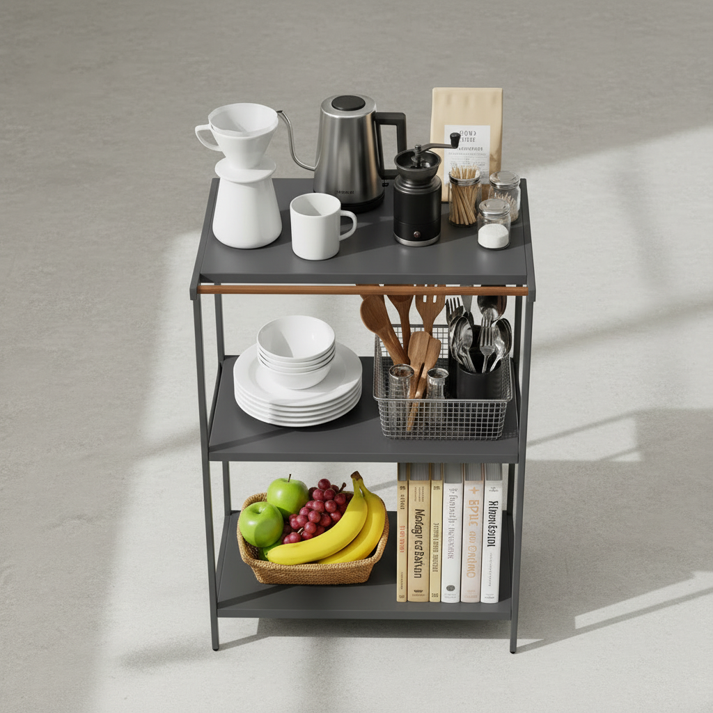 Kjøkkenstativ i sort utførelse med åpen oppbevaring og ekstra kroker