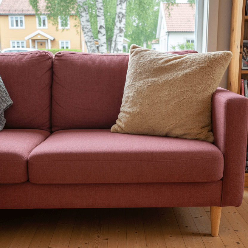 Beige putetrekk kombinert med pledd i lys stue
