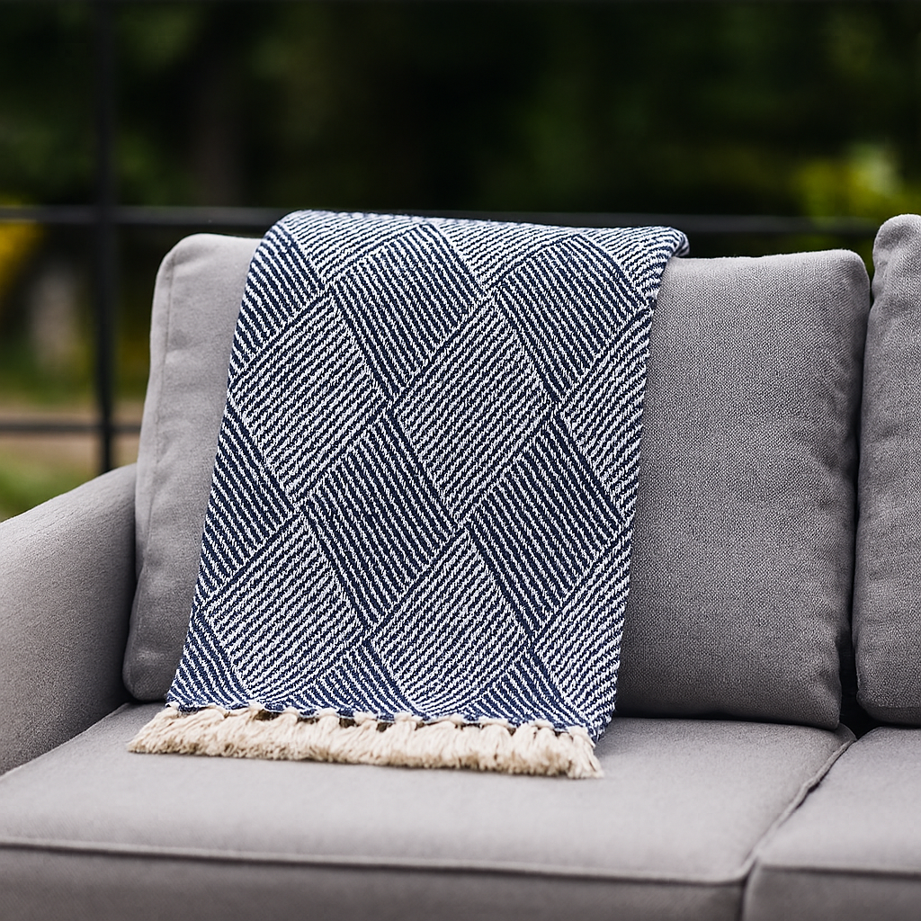 House Nordic Izmir pledd med geometrisk mønster og frynser, stylet over grå utesofa – dekorativ og lun tekstil til uteplassen.