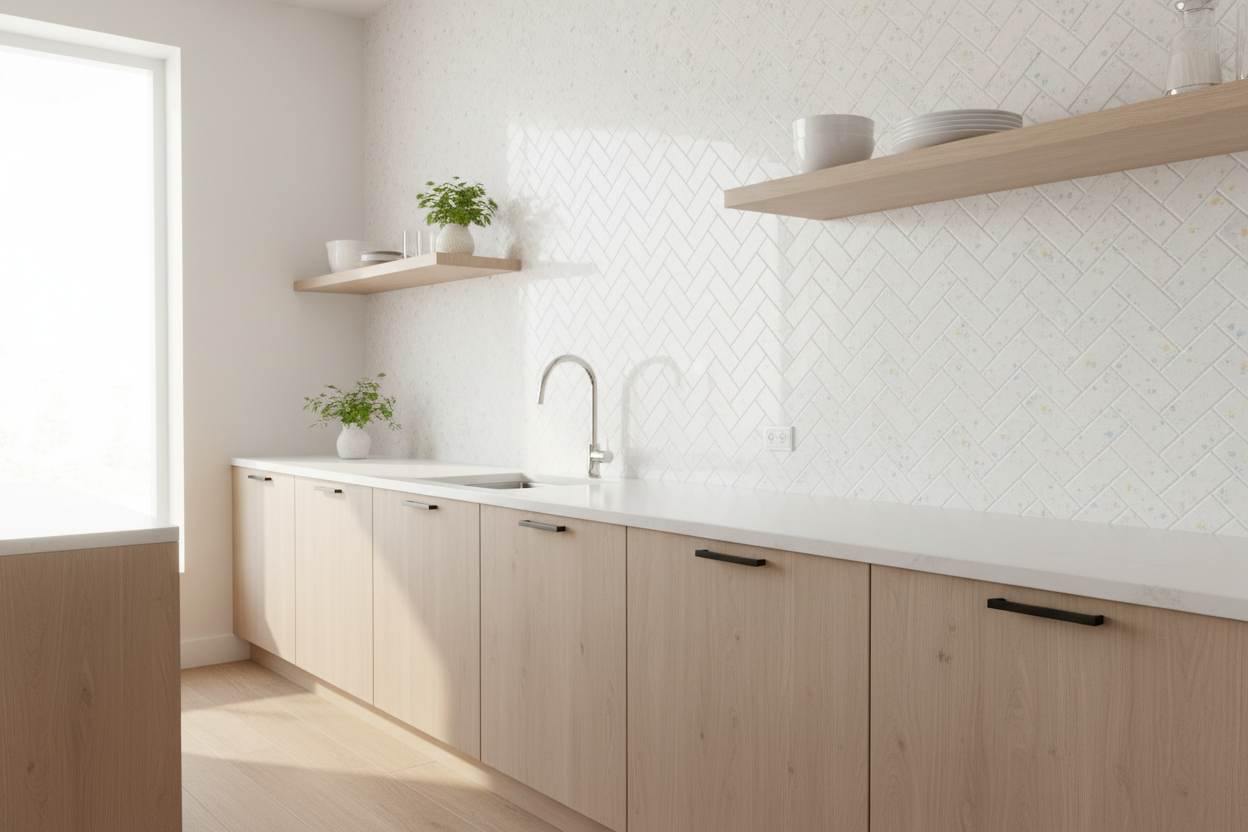 Självhäftande väggplattor i terrazzo-stil med fiskbensmönster