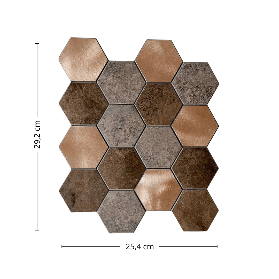 "Bente hexagon selvklebende veggfliser – detaljbilde som viser jordtoner og sekskantmønster"