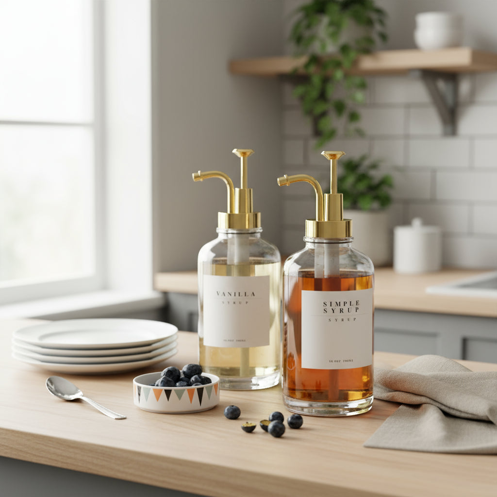 To sirupdispensere i glass med gullpumpe fra Lindas Dekor