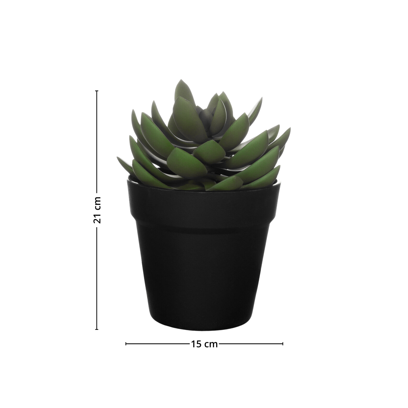 Kunstig sukkulent i sort potte, 21 cm høy og 15 cm bred, avbildet med mål.