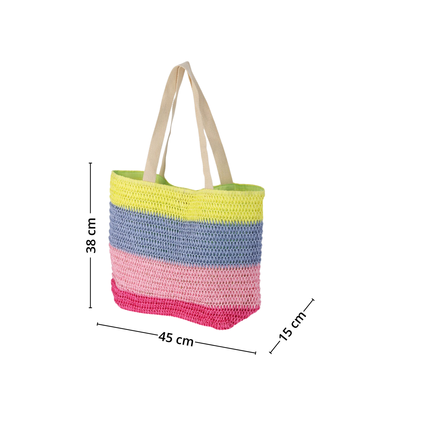 Flerfarget strikket strandveske med mål 38 cm høy, 45 cm bred og 15 cm dyp, med solide beige hanker.