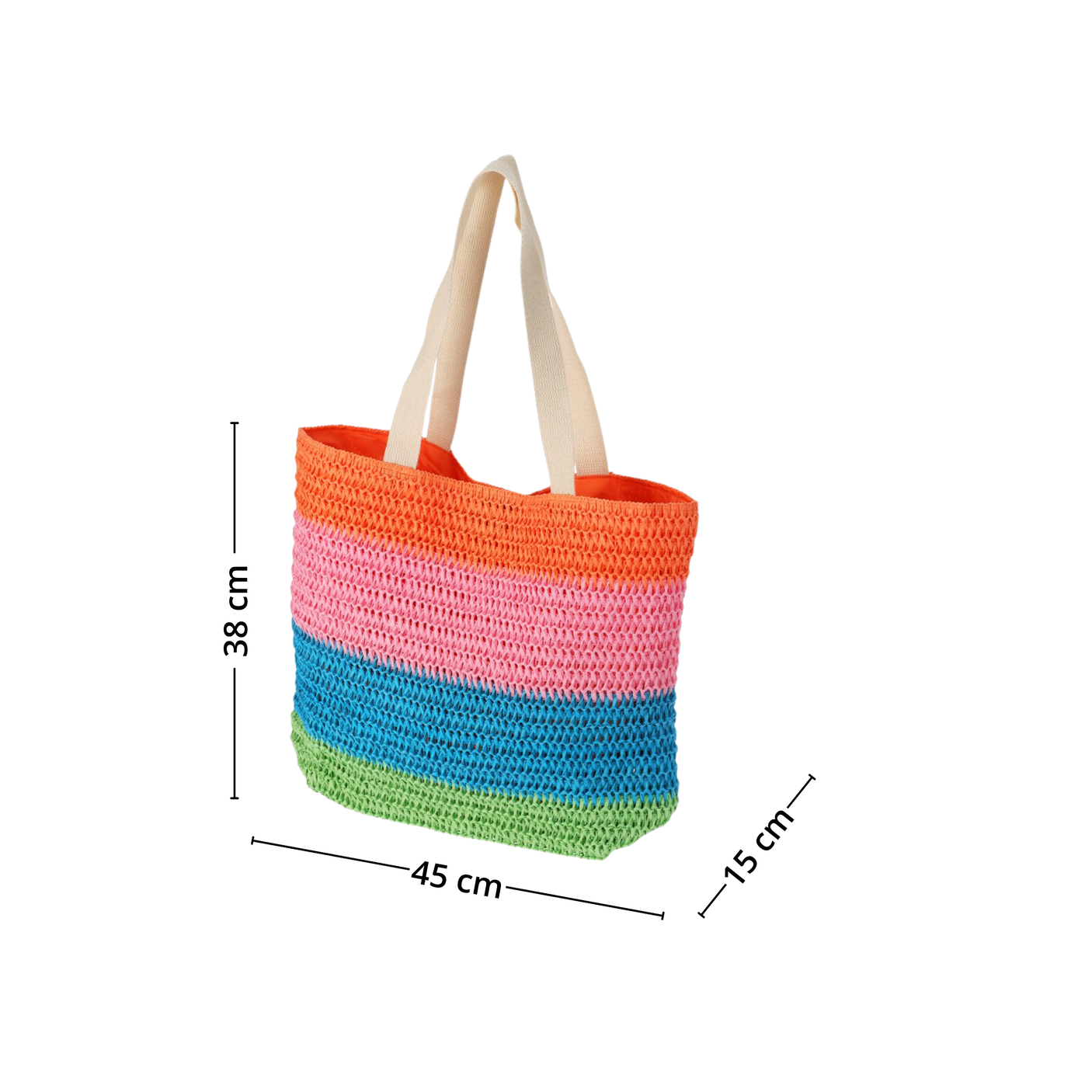 Fargerik strandbag med beige håndtak, høyde 38 cm, bredde 45 cm og dybde 15 cm, perfekt til sommerbruk.