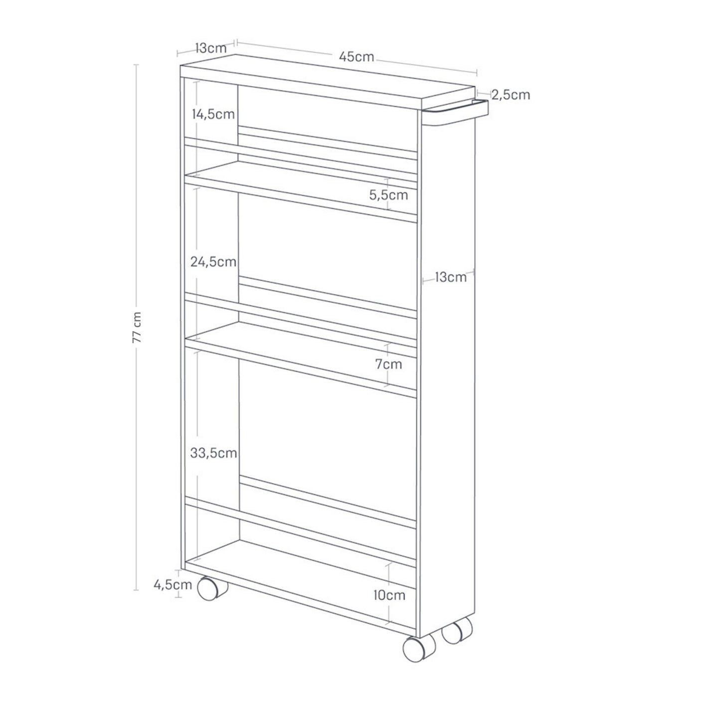 Praktisk rullehylle for krydder, flasker og kjøkkenutstyr.