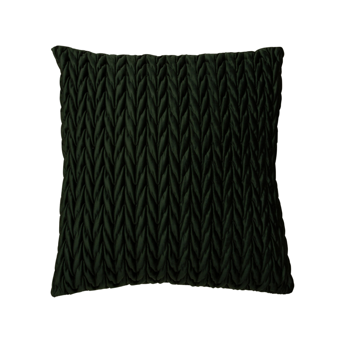 Mørkegrønt pyntepute-trekk i velur med strukturert overflate og luksuriøst preg.