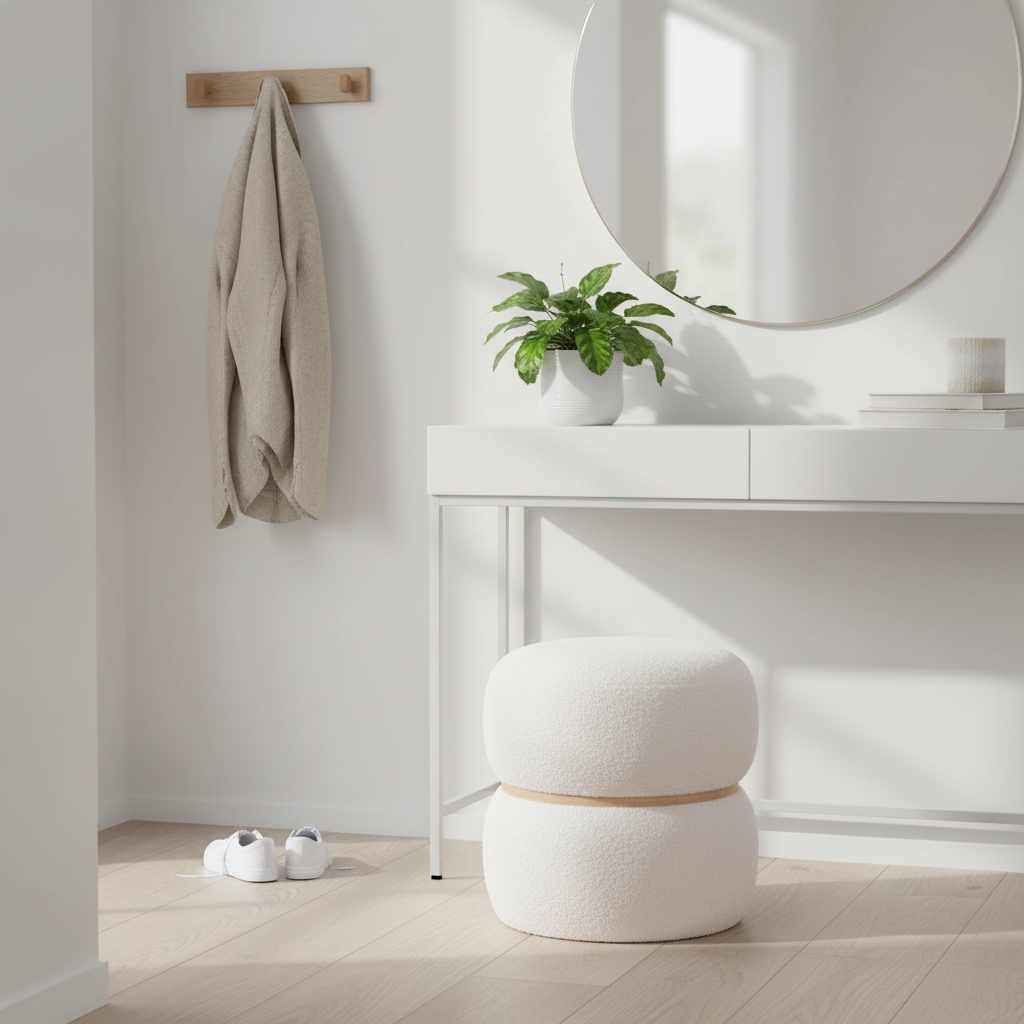 Beige bouclé puff med oppbevaring som dekorativt møbel i hjemmet