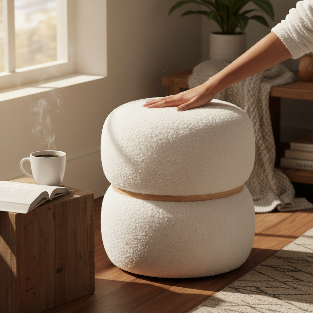 Brooklyn puff med oppbevaring i beige bouclé på hvit bakgrunn