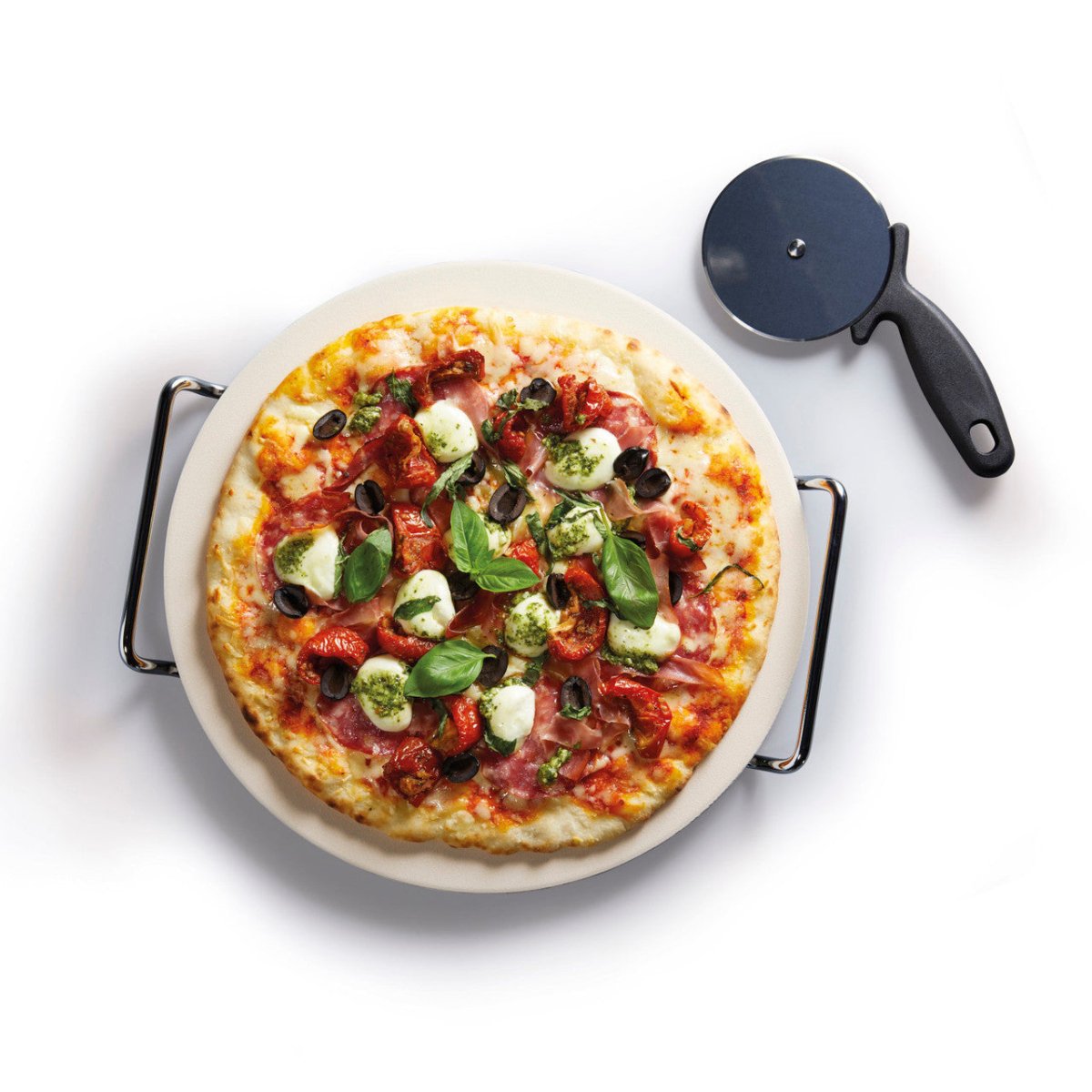 Pizzastein i keramik med serveringsstativ och pizzahjul 33 cm - Lindas Dekor Pizzastein