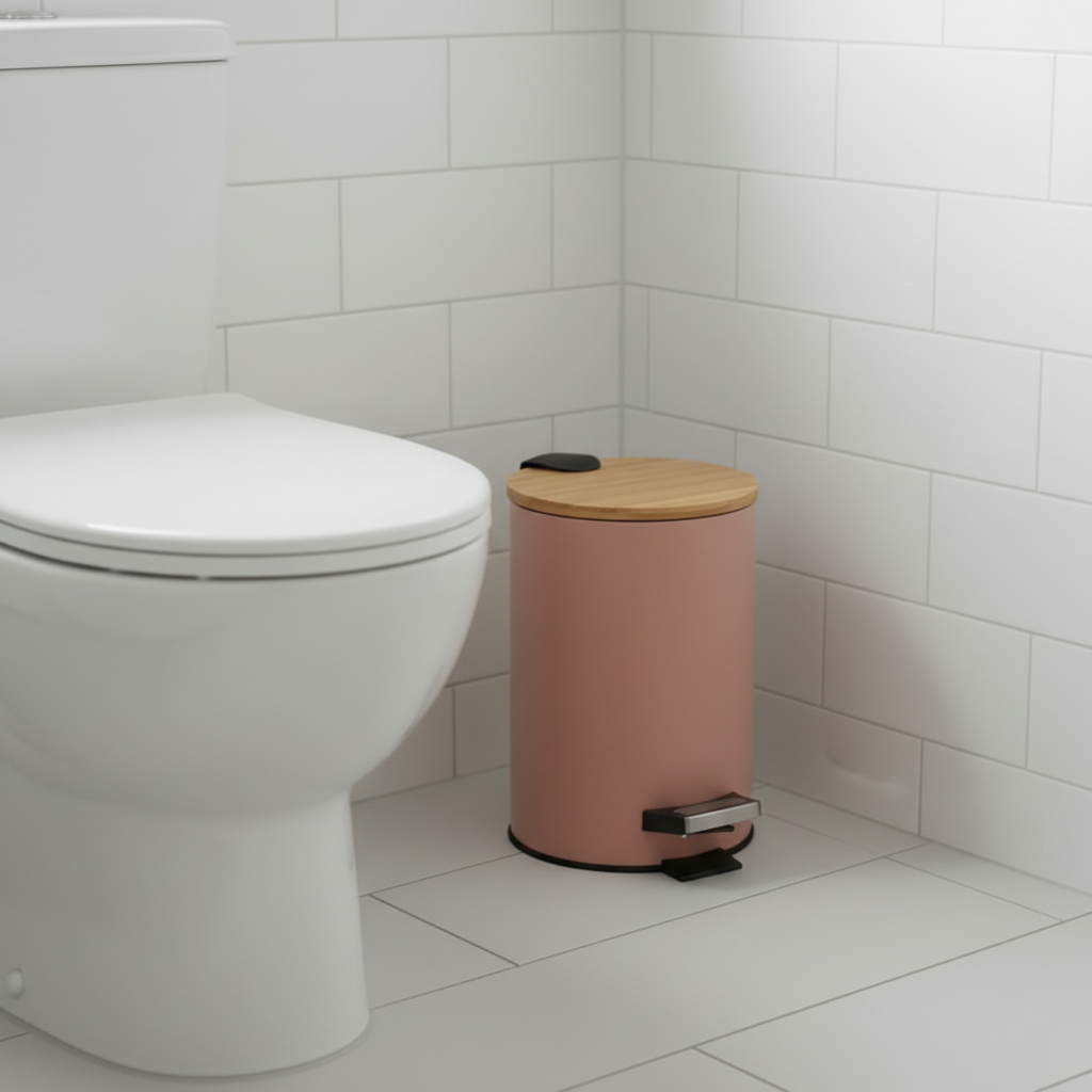 Beige pedalbøtte 3 liter i metall med bambuslokk