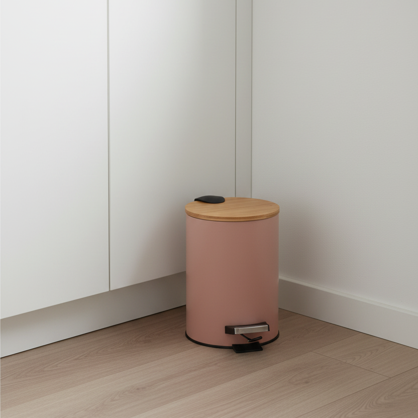 Beige avfallsbøtte med fotpedal og lokk i bambus