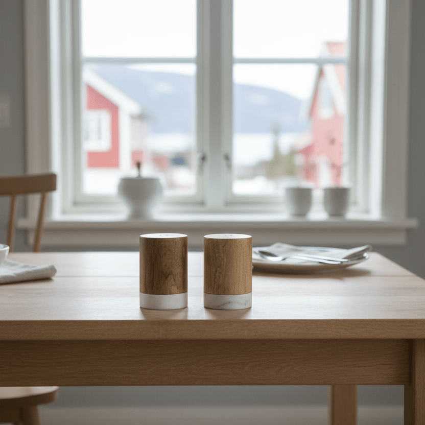 Salt- og pepperkvern i tre på spisebord med lys bordløper i moderne nordisk spisestue