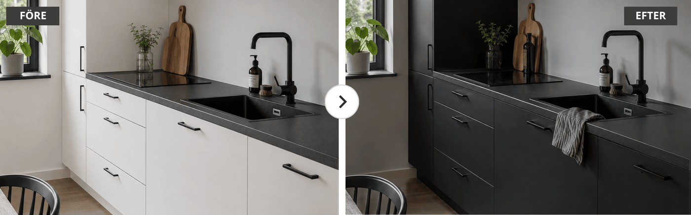 Före- och efterbild av kök med släta skåpsluckor – vita köksskåp förvandlade till en modern matt svart finish med självhäftande folie.