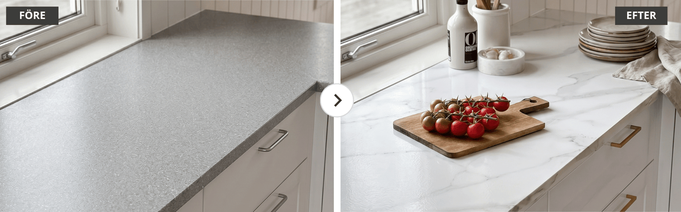 Före- och efterbild av köksbänkskiva uppgraderad med marmorkontaktplast – mörk laminat förvandlad till en exklusiv marmoryta.