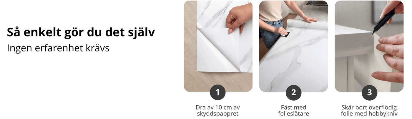 Steg-för-steg-guide för montering av marmorkontaktplast på köksbänkskiva – dra av skyddspappret, fäst folien och skär bort överflödigt material.