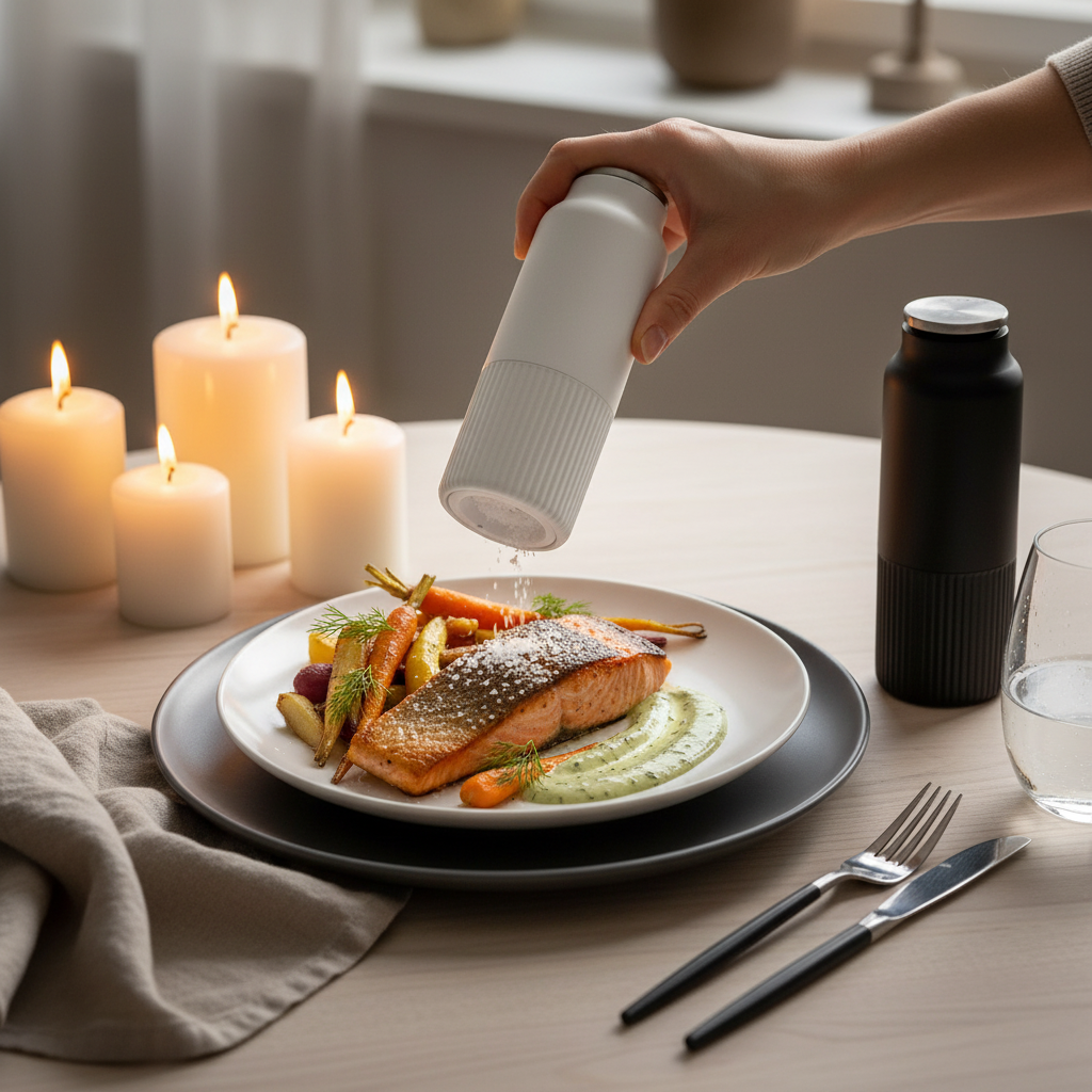 svart og hvit krydderkvern sett på kjøkkenbenk