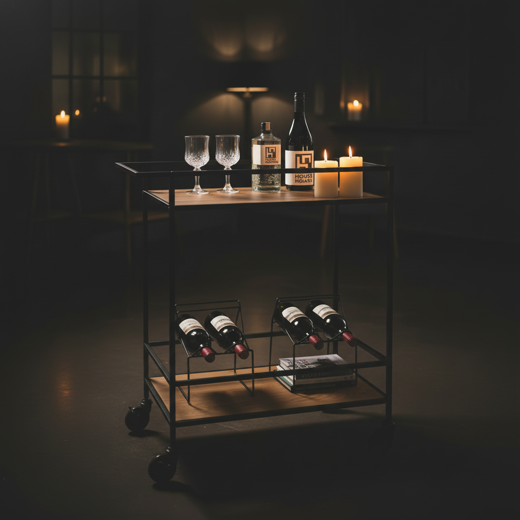 Detaljbilde av hylle i eikelook på barvogn