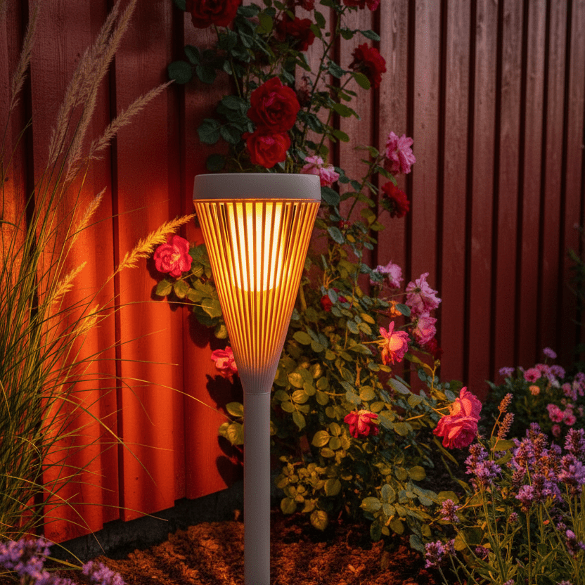 Solflämlampa vid rött norsk staket